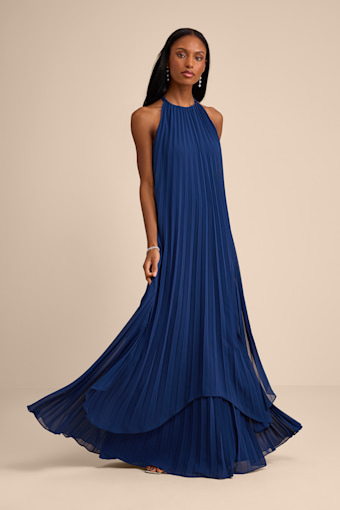 Dorala Dark Blue Pleated Lace-Up Tiered Maxi Dress 1