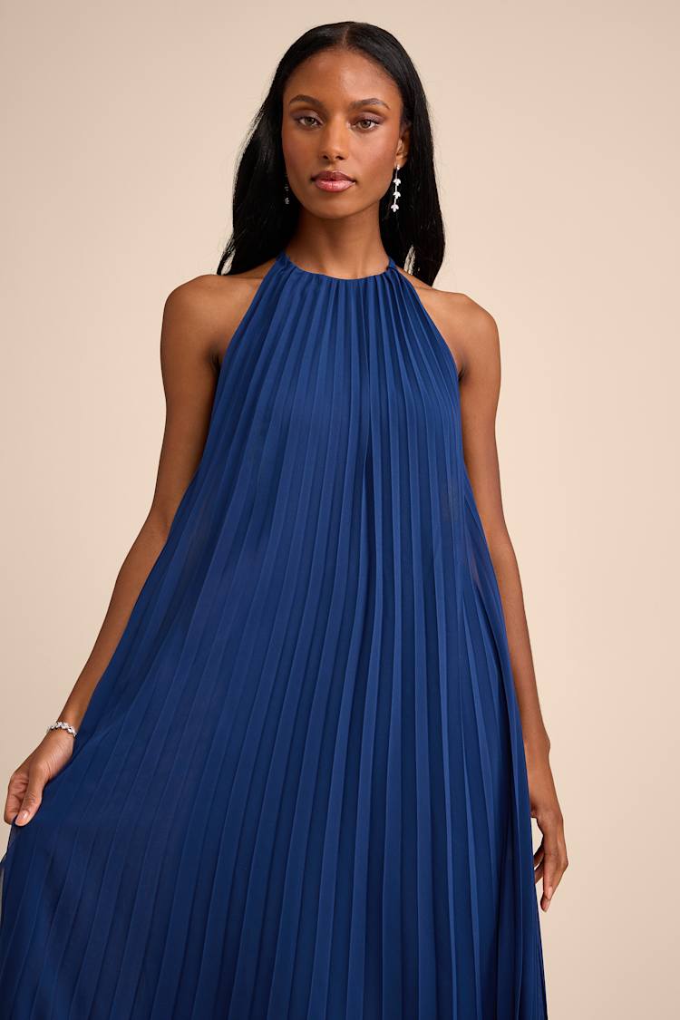Dark Blue Pleated Dress - Lace-Up Halter Dress - Tiered Maxi - Lulus