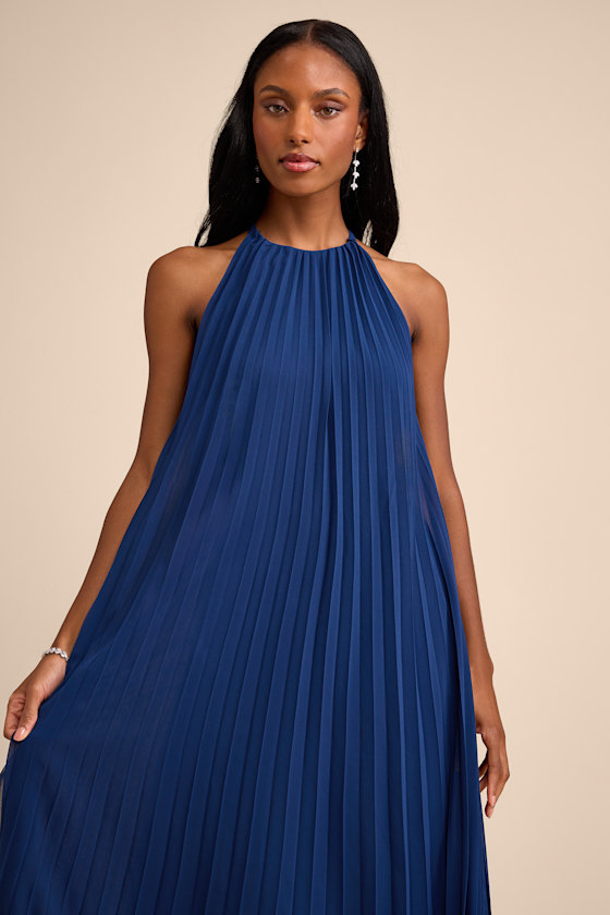 Dorala Dark Blue Pleated Lace-Up Tiered Maxi Dress 2