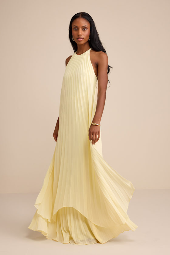 Light Yellow Pleated Dress - Lace-Up Halter Dress - Tiered Maxi