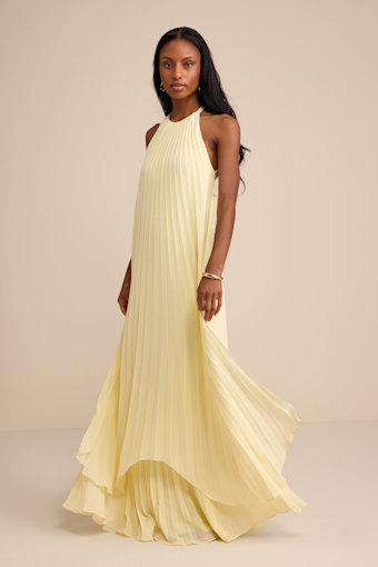 Dorala Light Yellow Pleated Lace-Up Tiered Maxi Dress 1