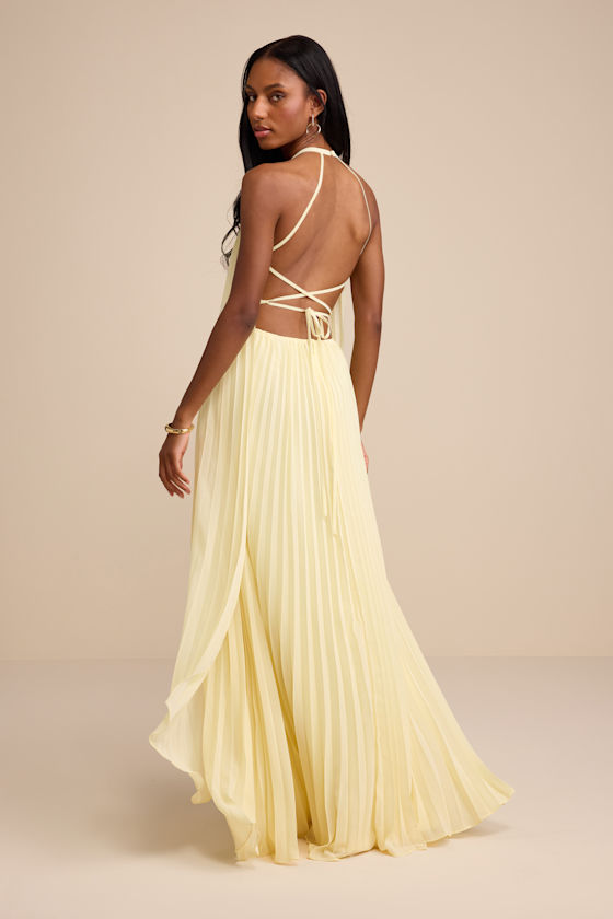Light Yellow Pleated Dress - Lace-Up Halter Dress - Tiered Maxi