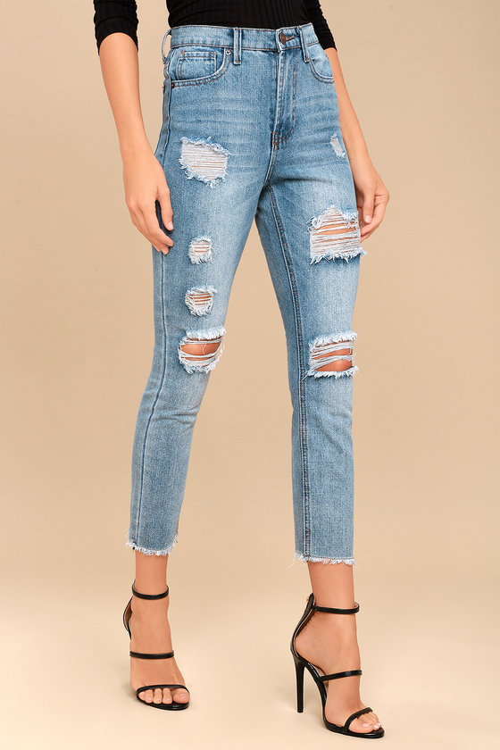 In the Works Light Wash High-Waisted Distressed Jeans