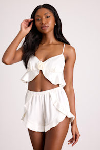 Sarua Ivory Satin Rosette Two-Piece Lingerie Pajama Set 1