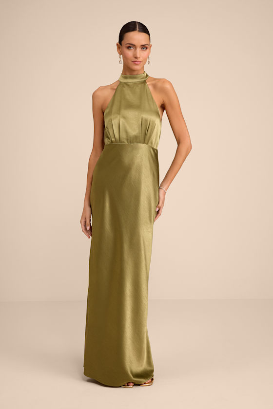 Sevinia Olive Green Satin Mock Neck Sleeveless Maxi Dress 1