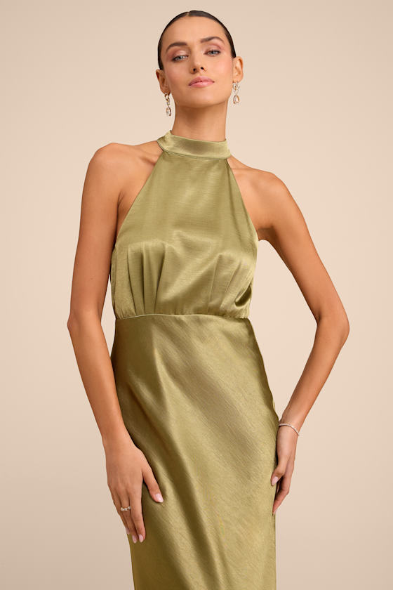 Sevinia Olive Green Satin Mock Neck Sleeveless Maxi Dress 2