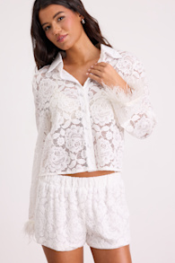 Shelly Ivory Sheer Lace Feather Two-Piece Pajama Set 1