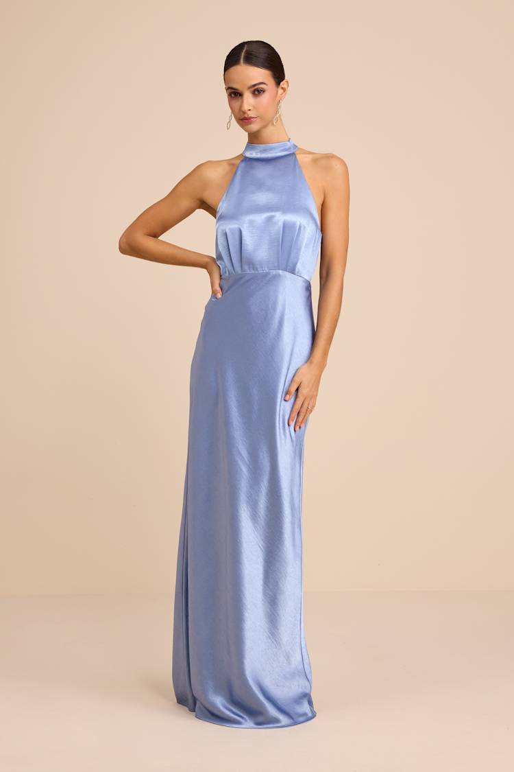 Slate Blue Satin Dress - Mock Neck Maxi Dress - Sleeveless Dress - Lulus