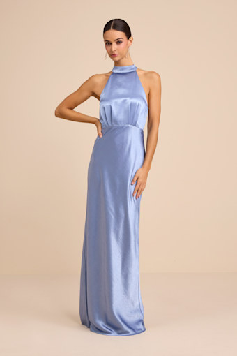 Sevinia Slate Blue Satin Mock Neck Sleeveless Maxi Dress 1
