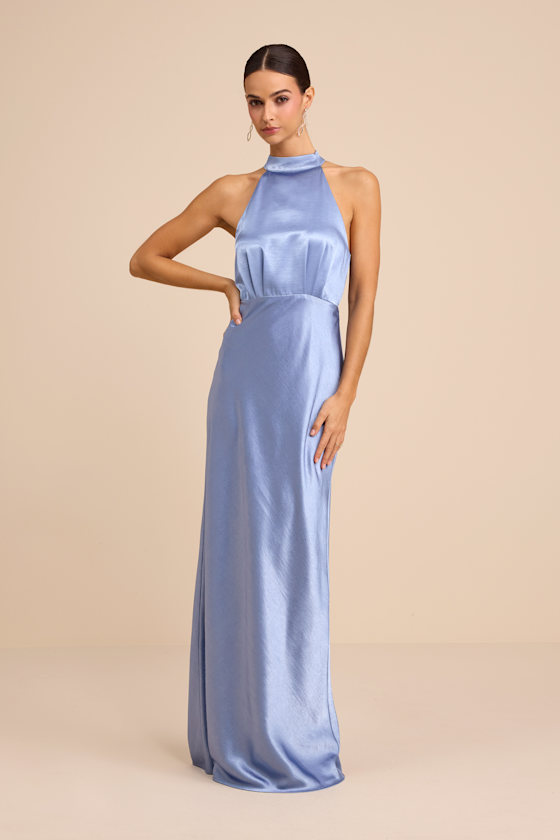 Sevinia Slate Blue Satin Mock Neck Sleeveless Maxi Dress 1