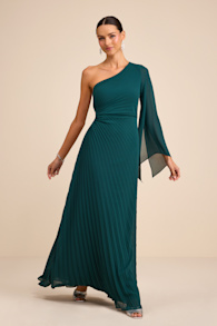 Cecillia Emerald Pleated One-Shoulder Maxi Dress 1