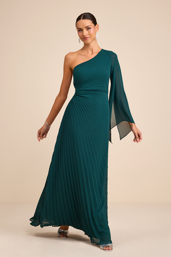Cecillia Emerald Pleated One-Shoulder Maxi Dress 1