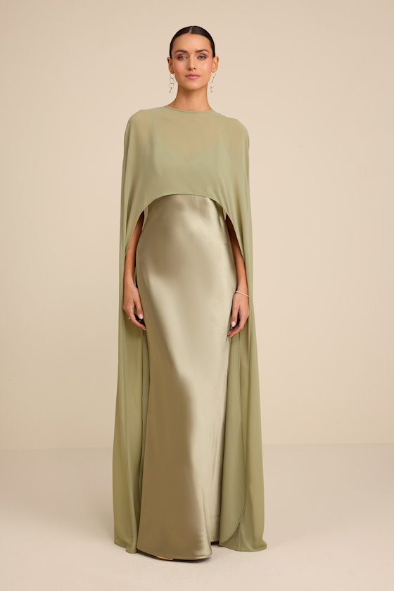 Cavana Sage Satin Cape Maxi Dress 1