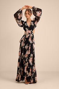 Chaelyn Black Floral Long Sleeve Cutout Maxi Dress 1