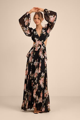 Chaelyn Black Floral Long Sleeve Cutout Maxi Dress 1