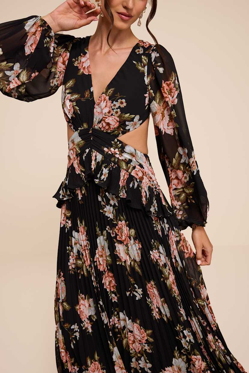 black floral dress with sleeves Maxi - Cutout Maxi Dress - Long Sleeve Dress black floral dress wedding guest