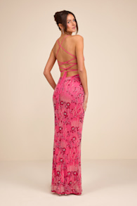 Arella Hot Pink Beaded Sequin Laxe-Up Maxi Dress 1