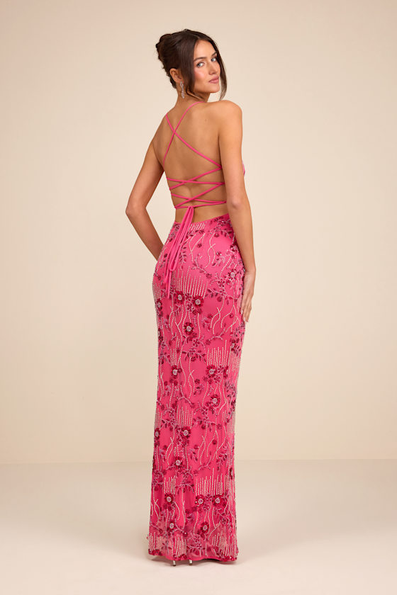 Arella Hot Pink Beaded Sequin Laxe-Up Maxi Dress 1