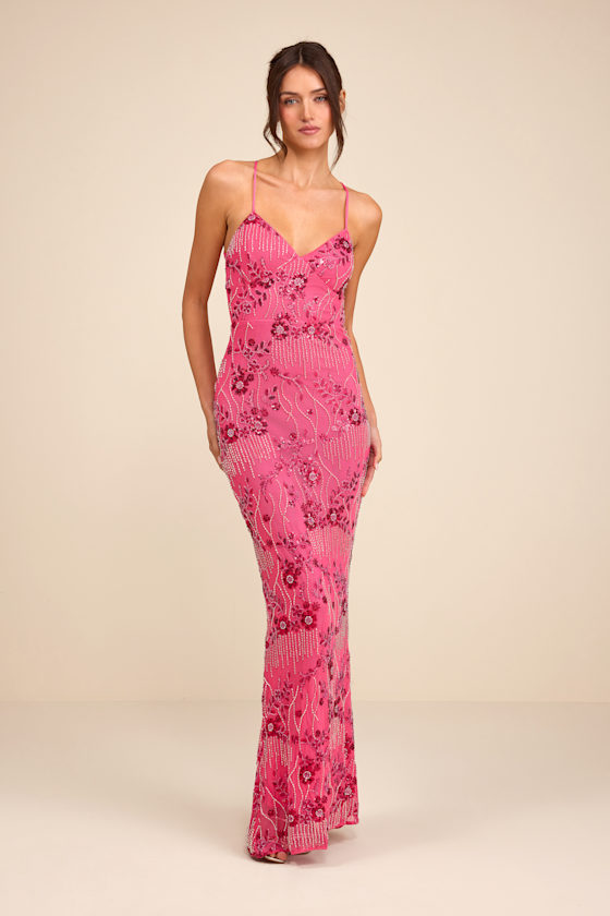 Arella Hot Pink Beaded Sequin Laxe-Up Maxi Dress 2