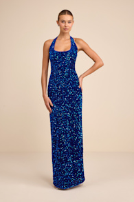 Xylana Royal Blue Velvet Sequin Halter Maxi Dress 1