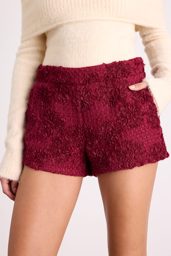 Burgundy Tweed Shorts - Textured Tweed Shorts - Tailored Shorts - Image 2