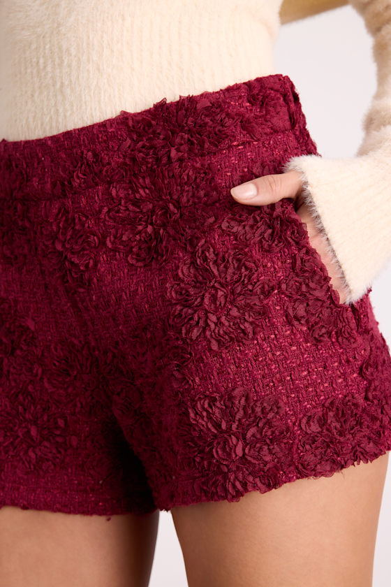 Burgundy Tweed Shorts - Textured Tweed Shorts - Tailored Shorts - Image 5