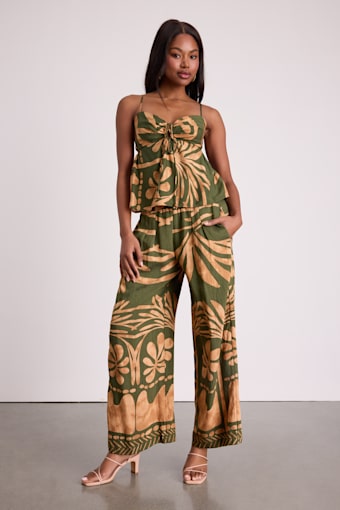 Sabo Olive and Tan Boho Print Wide-Leg Pants 2