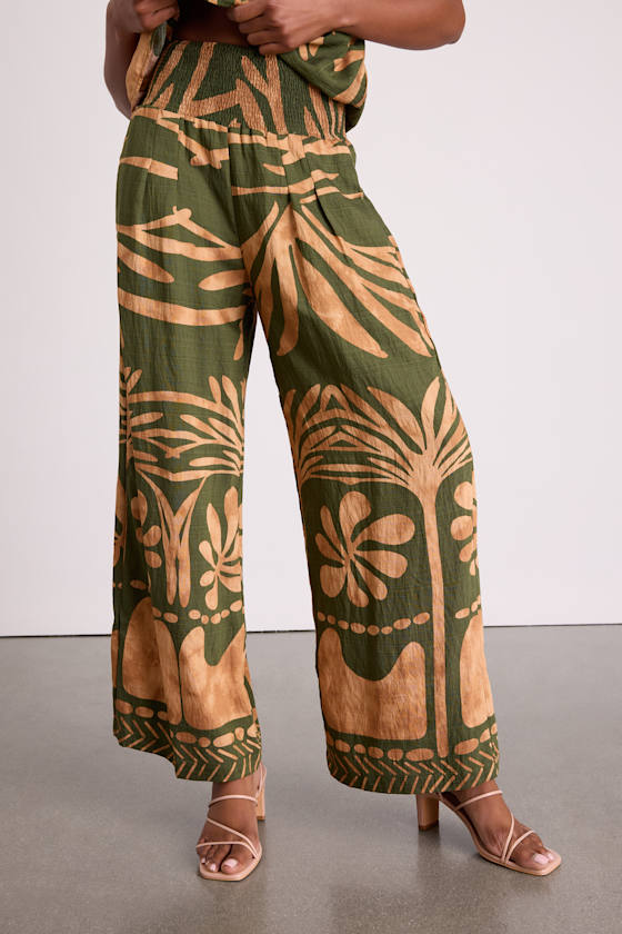 Sabo Olive and Tan Boho Print Wide-Leg Pants 3