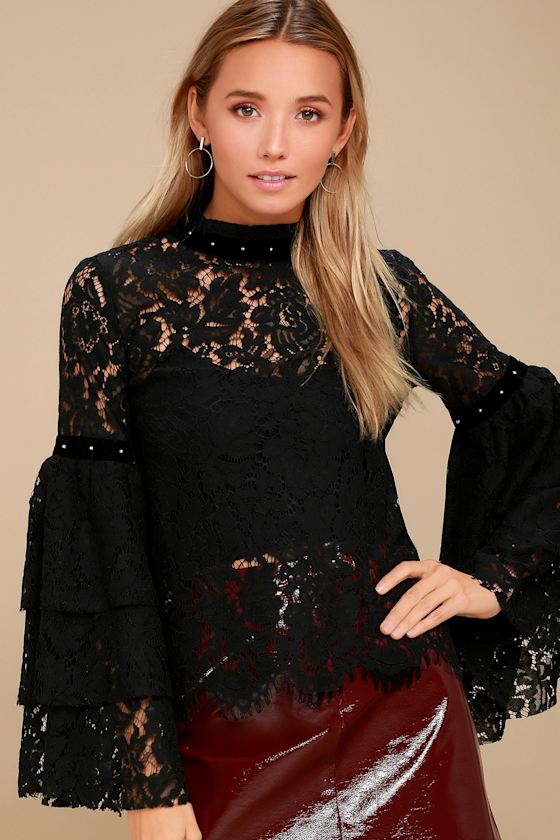 Love on Top Black Sheer Lace Long Sleeve Top 1