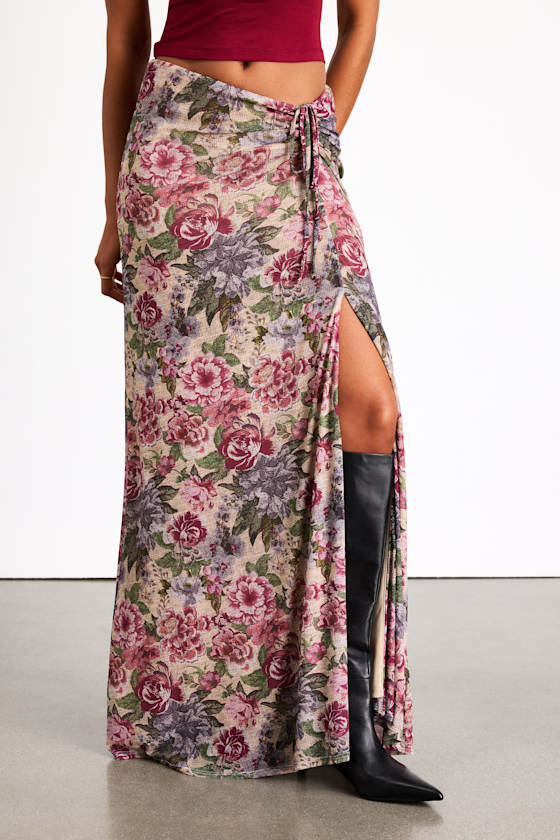 Daria Beige Multi Floral Ruched Maxi Skirt