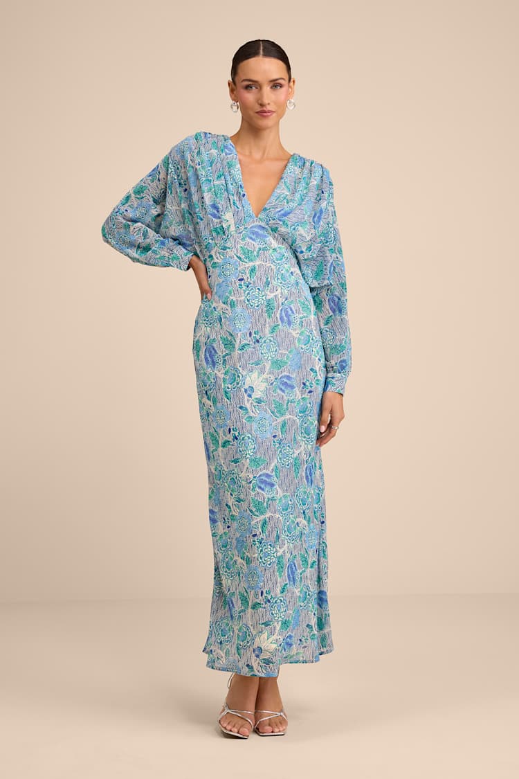 knee length dresses for ladies Long Sleeve Floral Print Midi Dress – HAREM's Brides main image 1