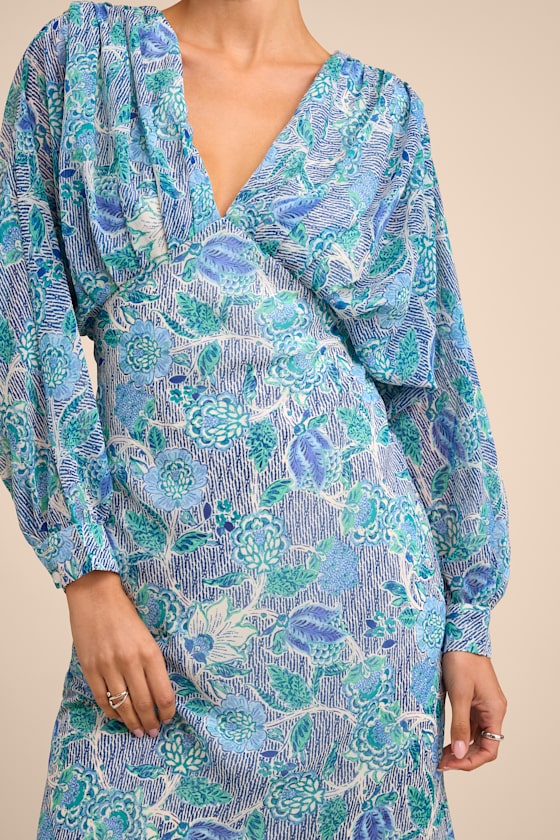 Blue Multi Floral Dress - Long Sleeve Midi Dress - Column Dress - Image 2