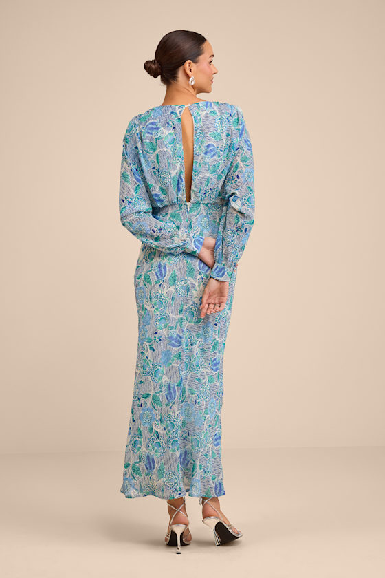Blue Multi Floral Dress - Long Sleeve Midi Dress - Column Dress - Image 3