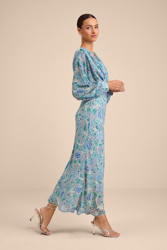 Blue Multi Floral Dress - Long Sleeve Midi Dress - Column Dress - Image 4