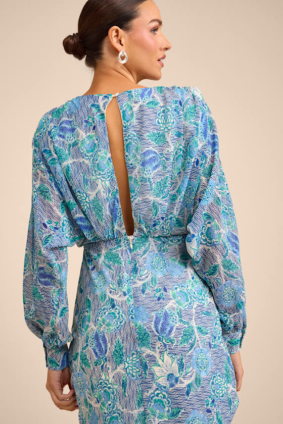 Blue Multi Floral Dress - Long Sleeve Midi Dress - Column Dress - Image 5