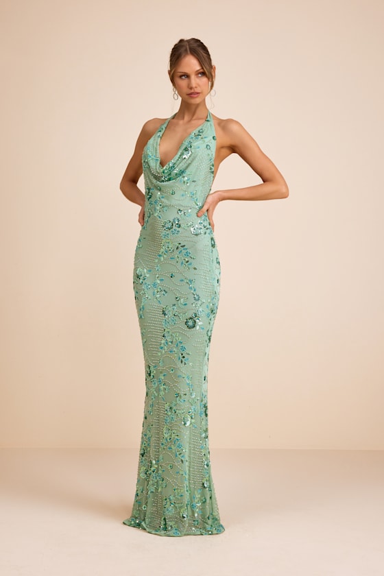 Carlana Mint Green Beaded Sequin Backless Maxi Dress 2