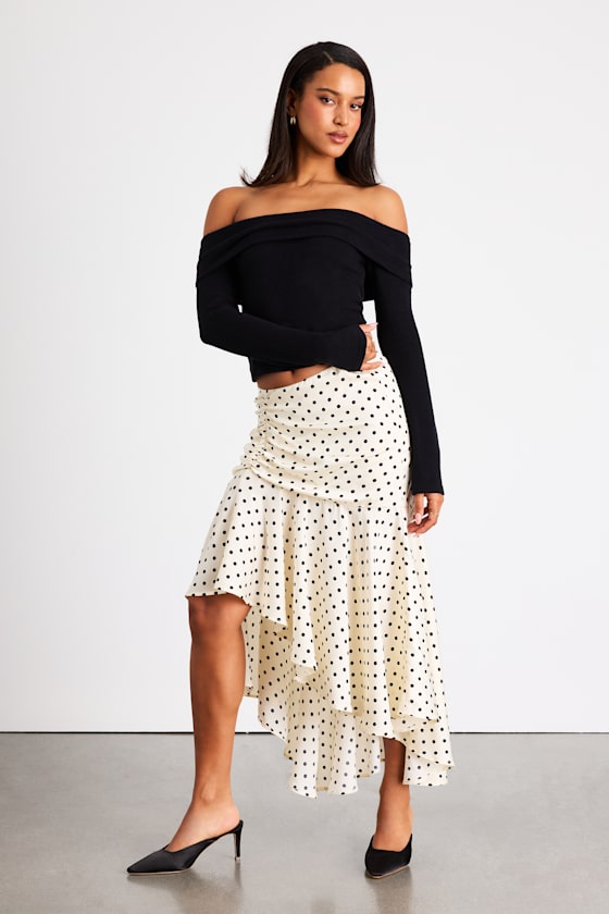 Danita Ivory Polka Dot Asymmetrical Midi Skirt