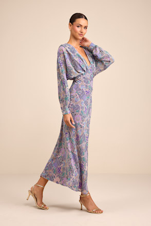 Purple Multi Floral Dress - Long Sleeve Midi Dress - Column Dress - Lulus