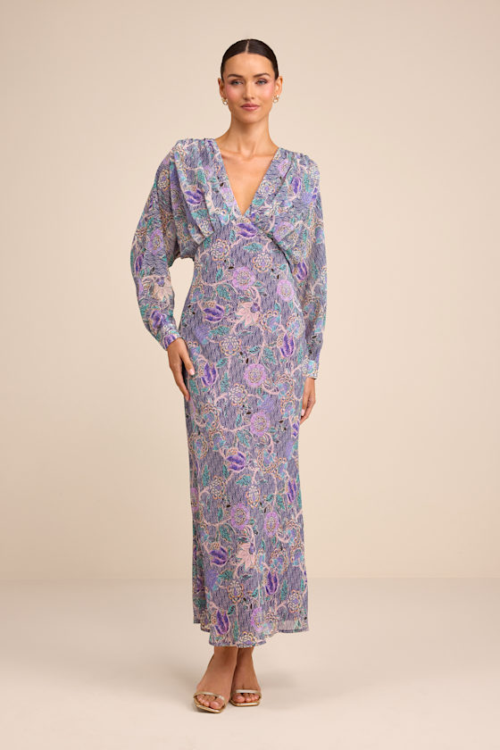 Purple Multi Floral Dress - Long Sleeve Midi Dress - Column Dress - Image 2