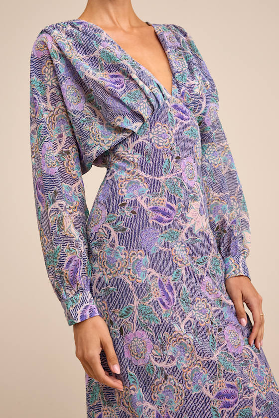 Purple Multi Floral Dress - Long Sleeve Midi Dress - Column Dress - Image 3