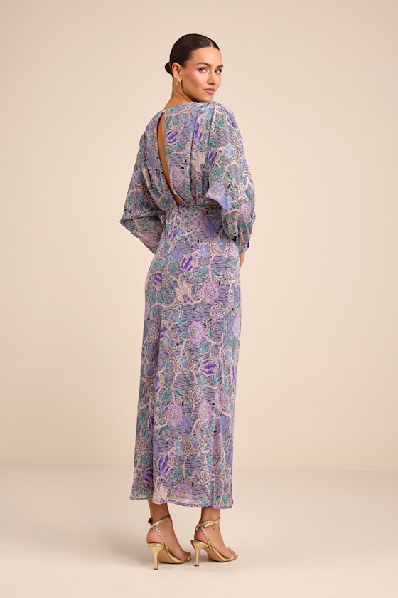 Purple Multi Floral Dress - Long Sleeve Midi Dress - Column Dress - Image 4