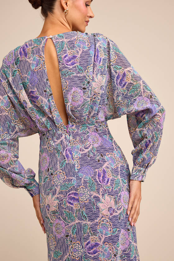 Purple Multi Floral Dress - Long Sleeve Midi Dress - Column Dress - Image 5