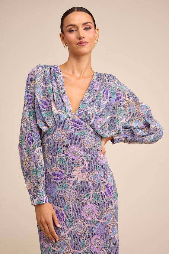 Purple Multi Floral Dress - Long Sleeve Midi Dress - Column Dress - Image 6
