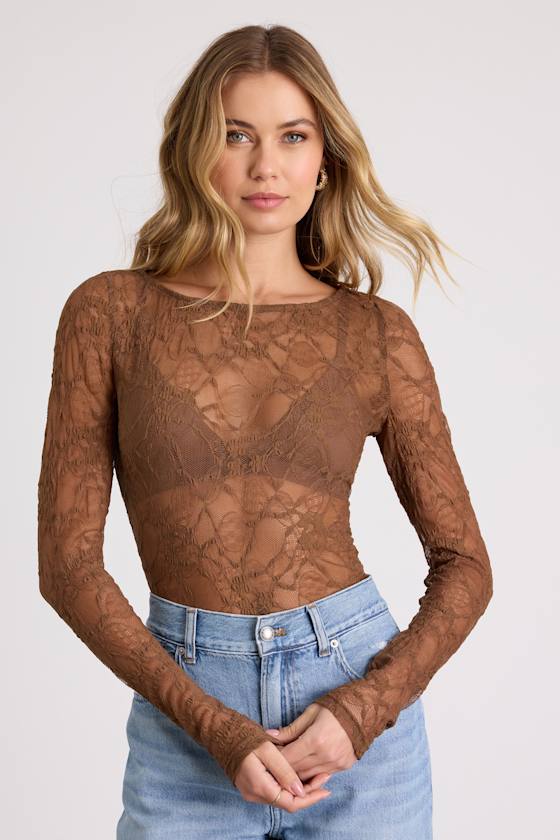 Hunter Light Brown Sheer Lace Long Sleeve Top 1