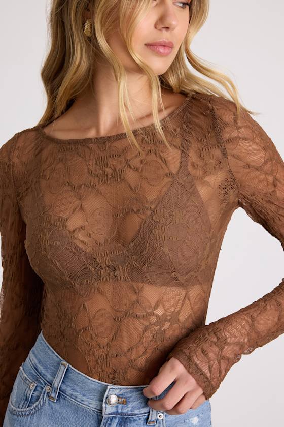 Hunter Light Brown Sheer Lace Long Sleeve Top 2