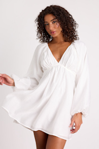 Amerah White Textured Balloon Sleeve Babydoll Mini Dress 1