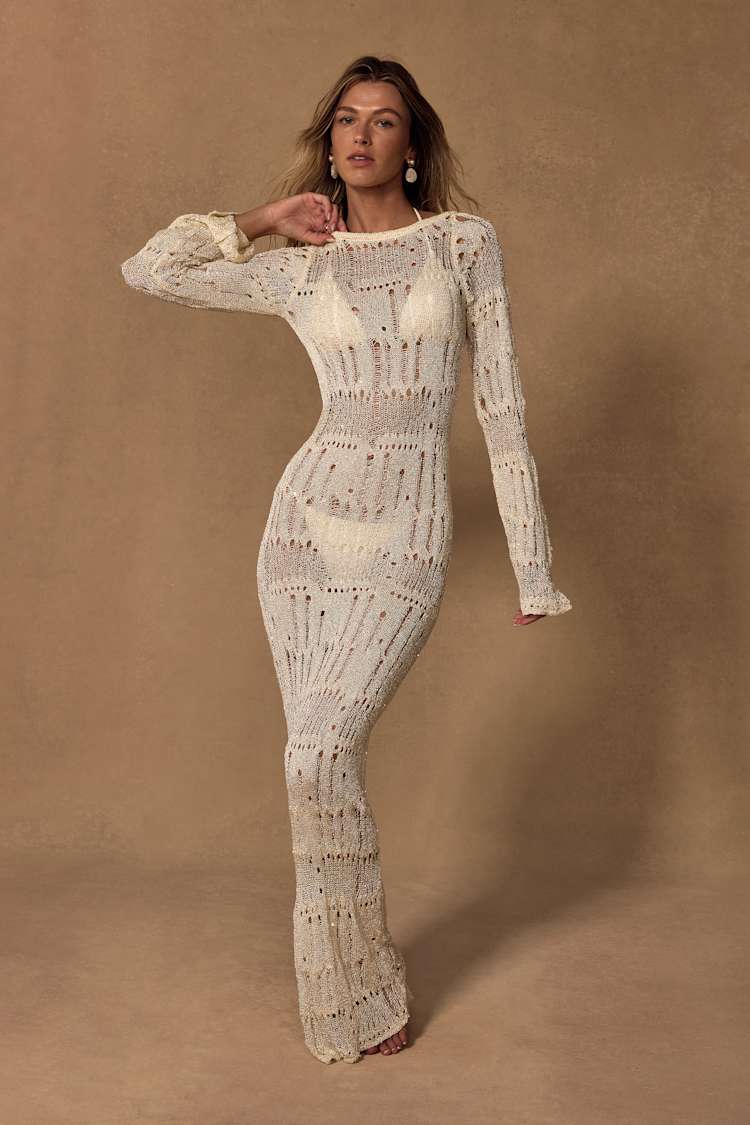White Salise Shiny Cream Distressed Maxi Swim Cover-Up | Womens | X-Large (Available in XS, S, M, L) | 100% Polyester | Lulus