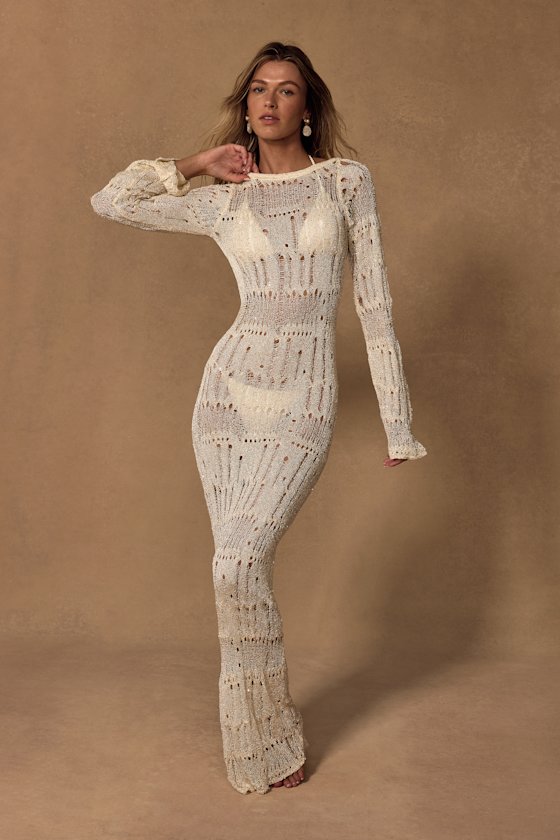 Salise Shiny Cream Distressed Maxi Swim Cover-Up 2