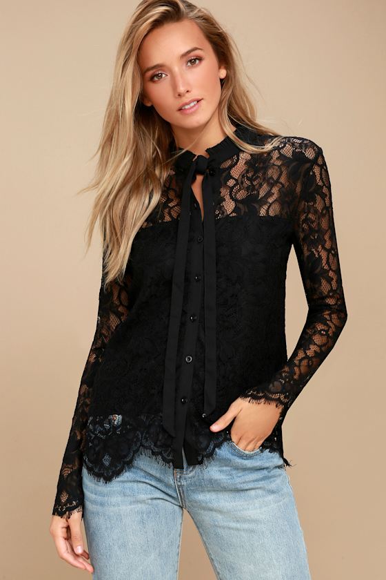 Sexy Black Top Black Lace ButtonUp Top Long Sleeve Top Lulus