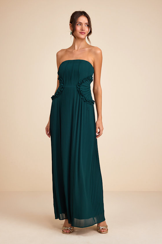 Lauren Emerald Pleated Strapless Ruffled Maxi Dress 2